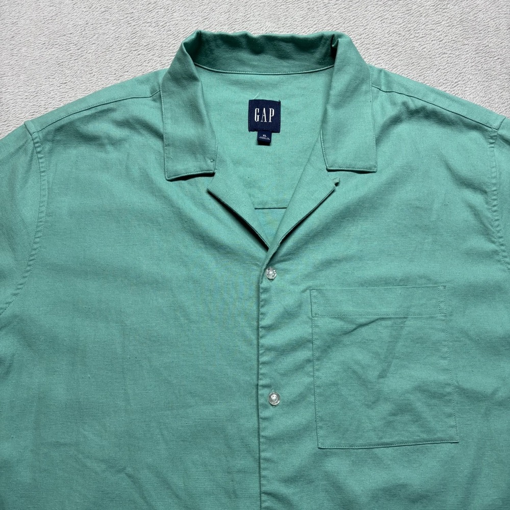 Gap Linen Blend Camp Short sleeve‎ Shirt Men XL Green Button Linen Blend Casual